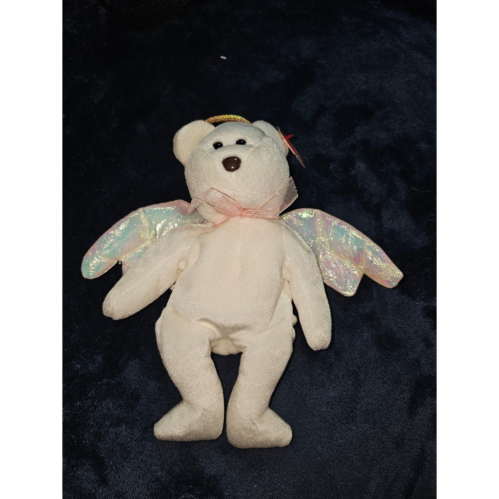 Ty Beanie Babies Halo the Angel Bear White Plush Iridescent Wings Gold Halo 1998